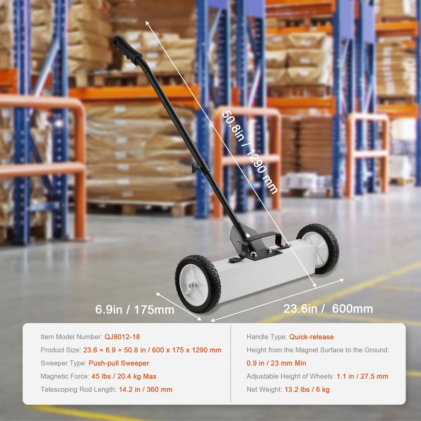KFFKFF 45Lbs Rolling Magnetic Sweeper with Wheels, Push-Type Magnetic Pickup