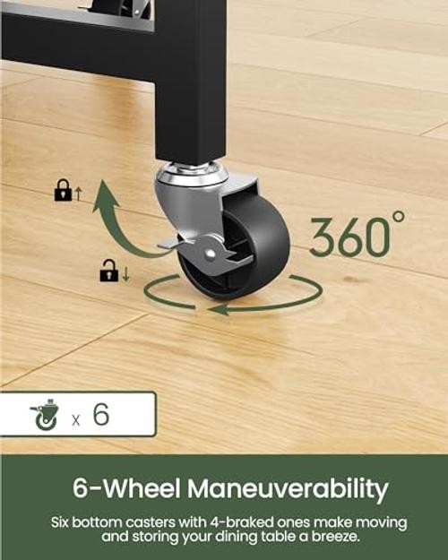 Folding Dining Table, Kitchen Table with 6 Wheels, Folding Round Table with 2