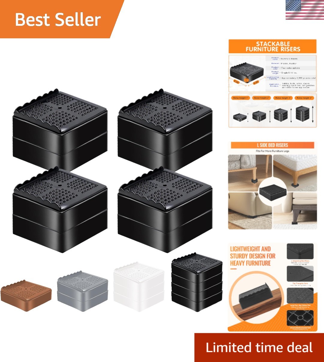 Universal Furniture Risers with Non-Slip Pads - Supports Up to 4000 lbs, 4 Pack
