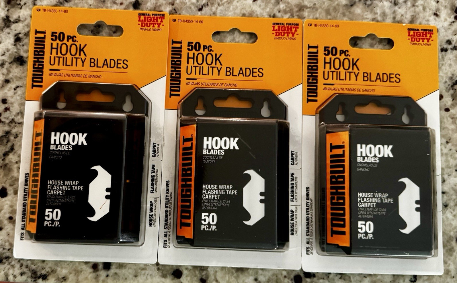 TOUGHBUILT Hook Utility Blades Three Packs of 50 pc Carbon Steel 0.75in