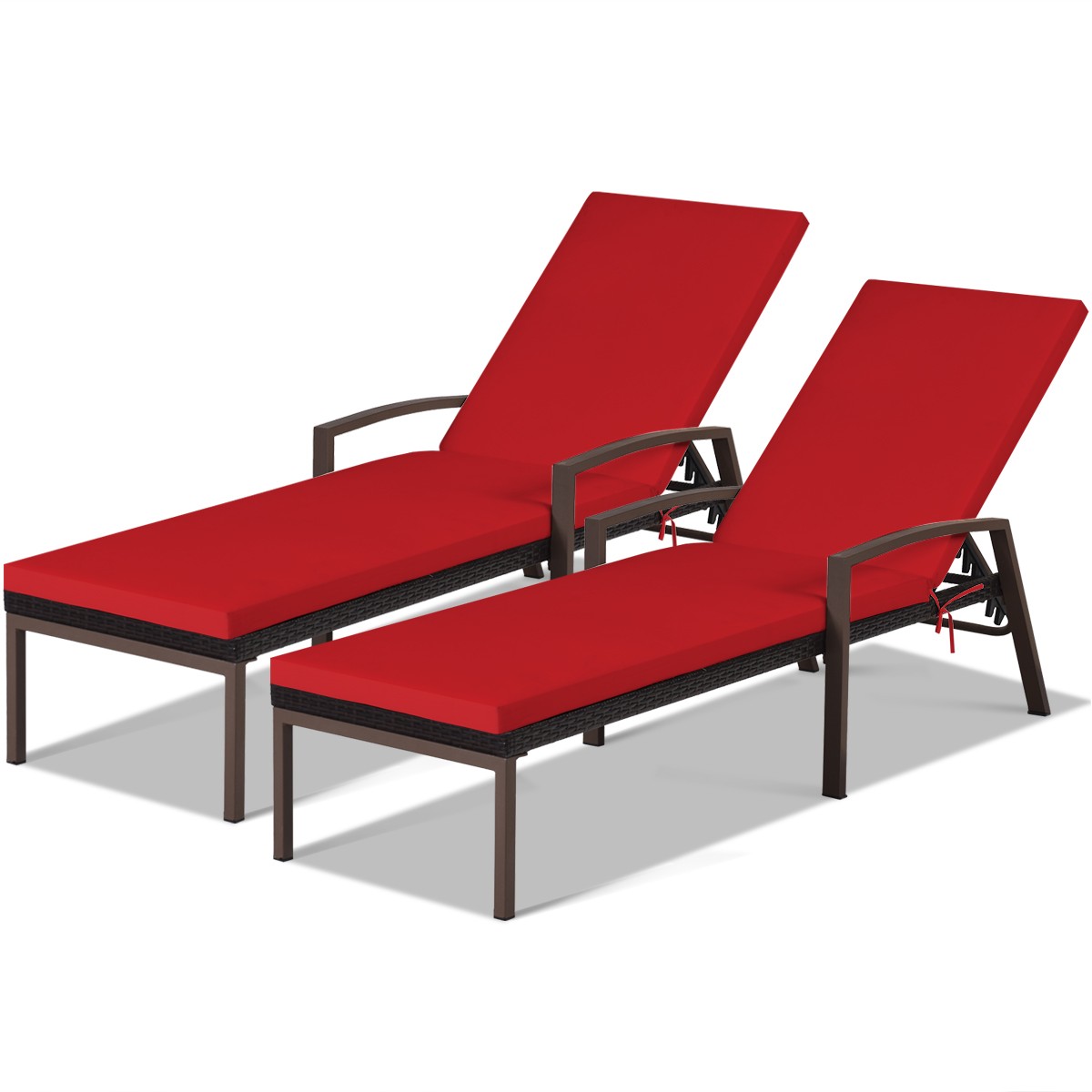 2PCS Patio Rattan Lounge Chair Chaise Recliner Back Adjustable Cushioned Red