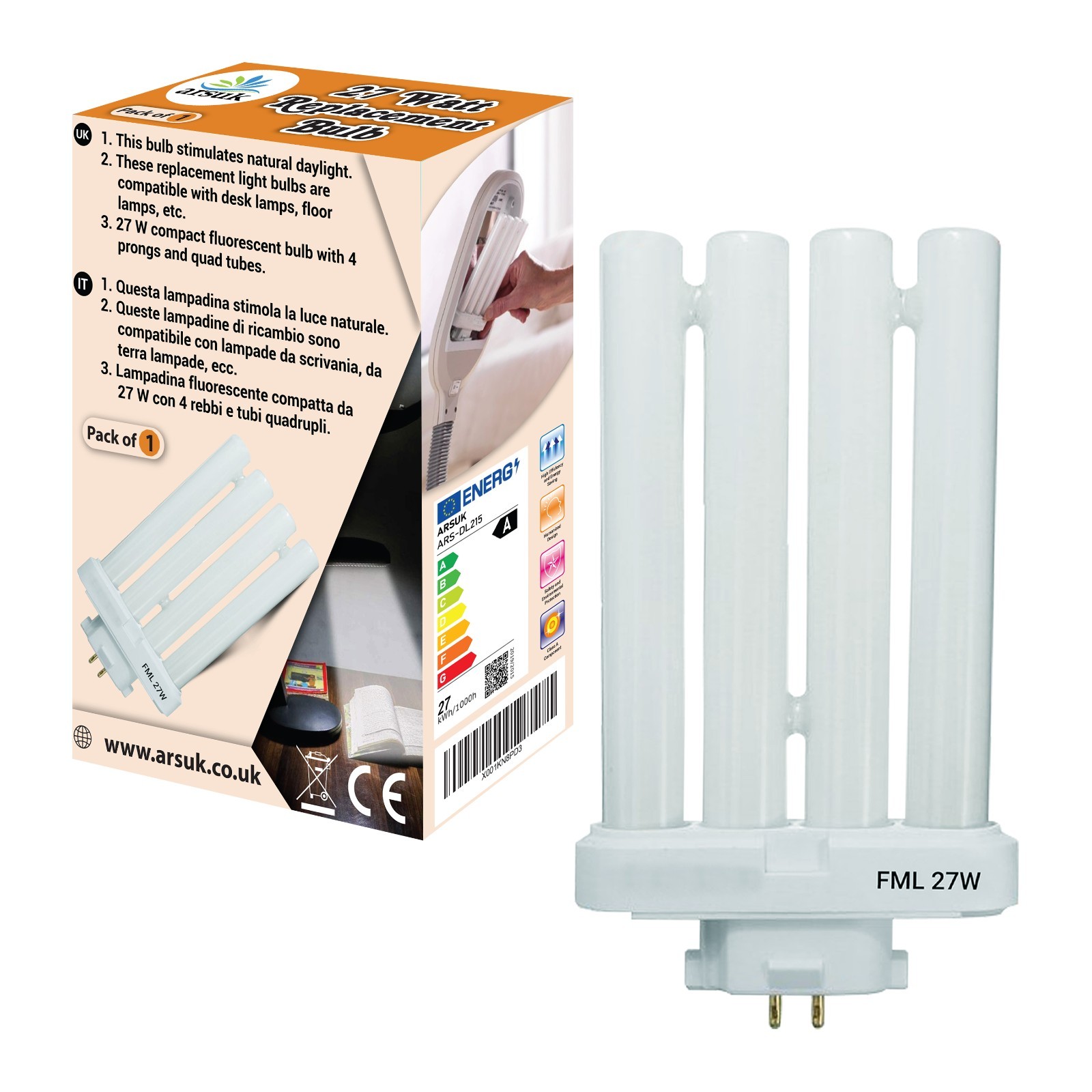 Compact Fluorescent CFL 27W Replacement Bulb GX10Q-4 4-Pin Base 6500K Daylight
