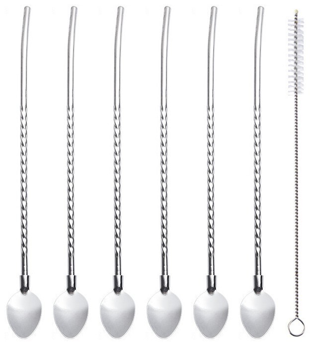 6+1pcs Spoon Straws Reusable Stainless Steel Drinking Spoon Straws with Brush