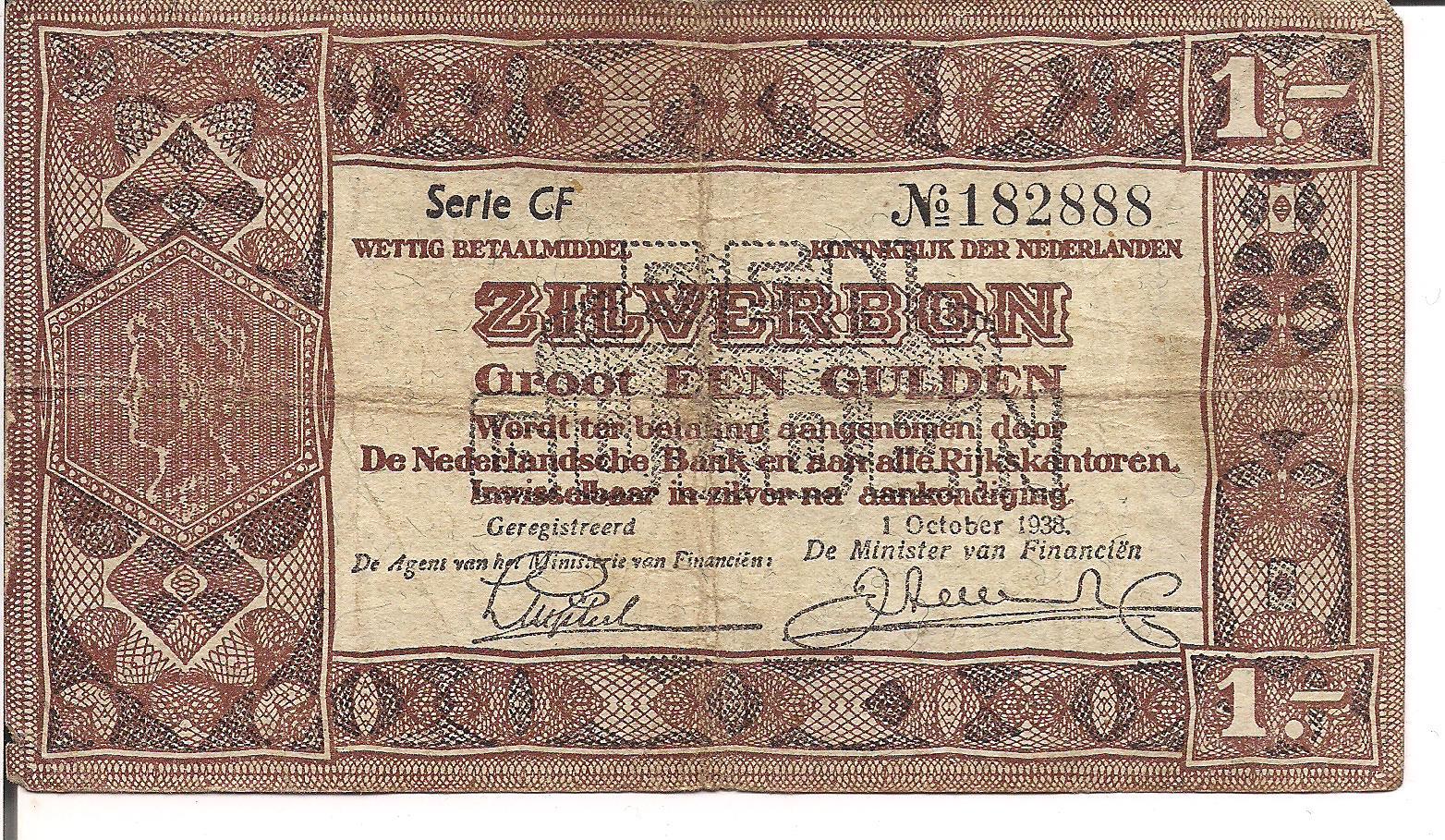 NETHERLANDS, 1 GULDEN,1938, s/n 182888 lucky number