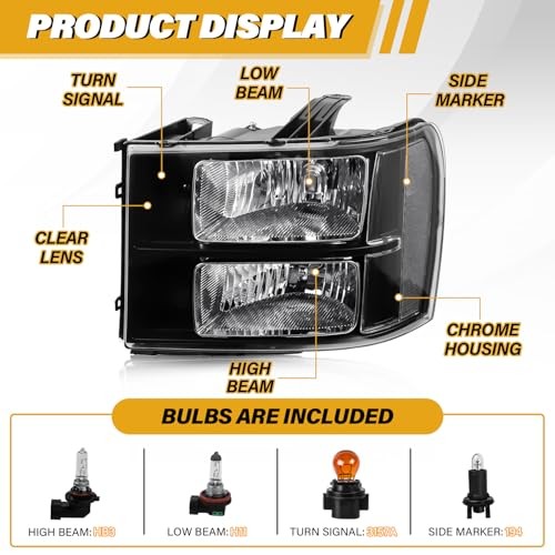 Headlight Assembly Compatible with GMC Sierra Black Housing White Reflector