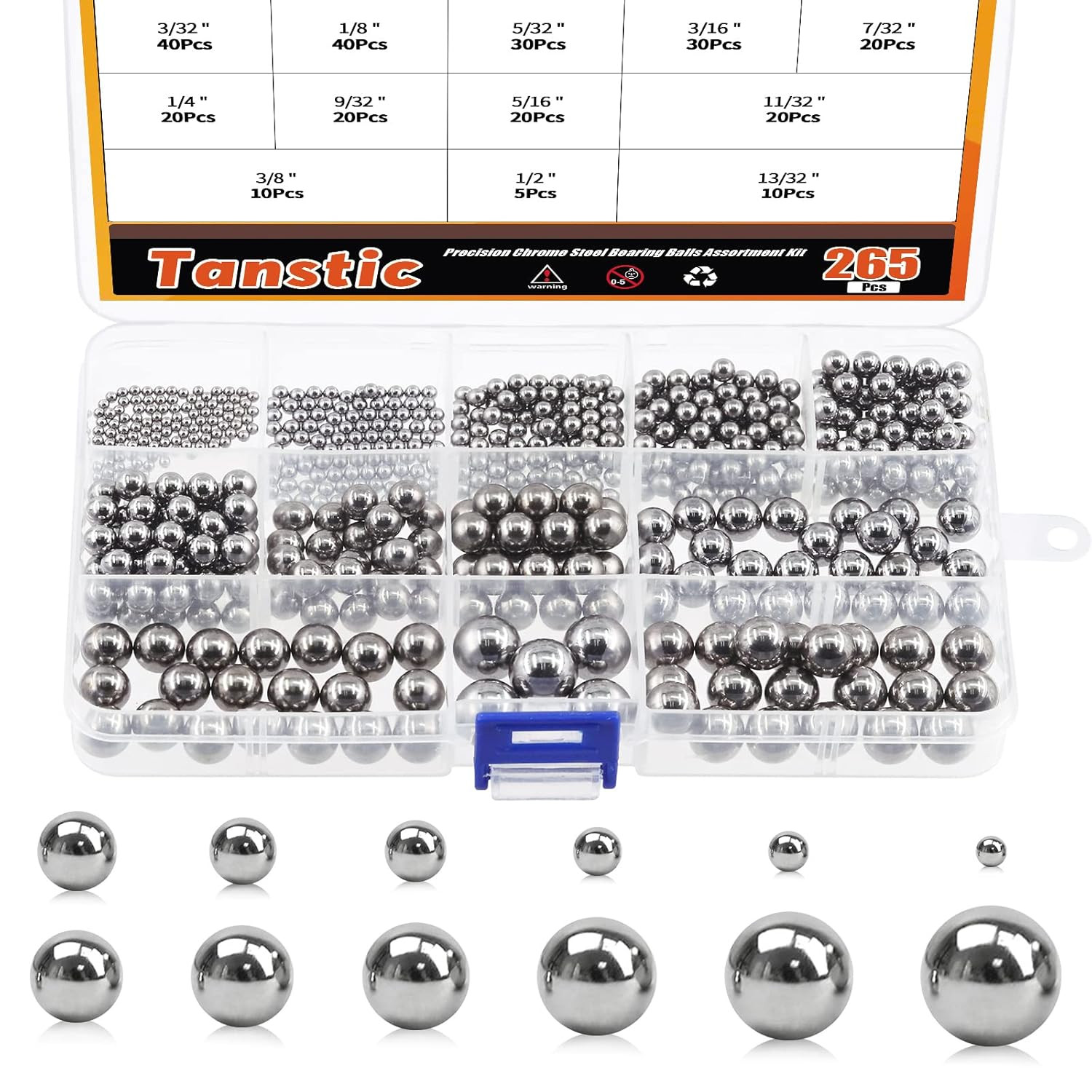 265Pcs 12 Size Imperial Precision Chrome Steel Bearing Steel Ball Assortment 3/3