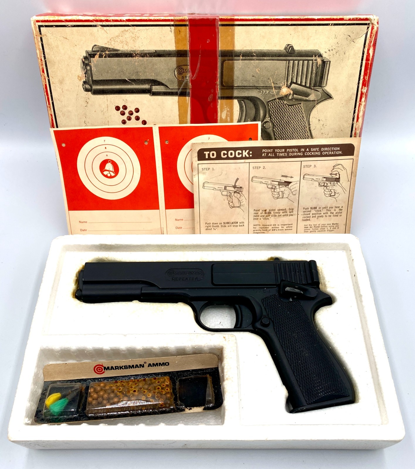 20 Shot MARKSMAN No. 1010 Air Pistol 4.5mm .177 BB Repeater w/ box & 1972 Manual