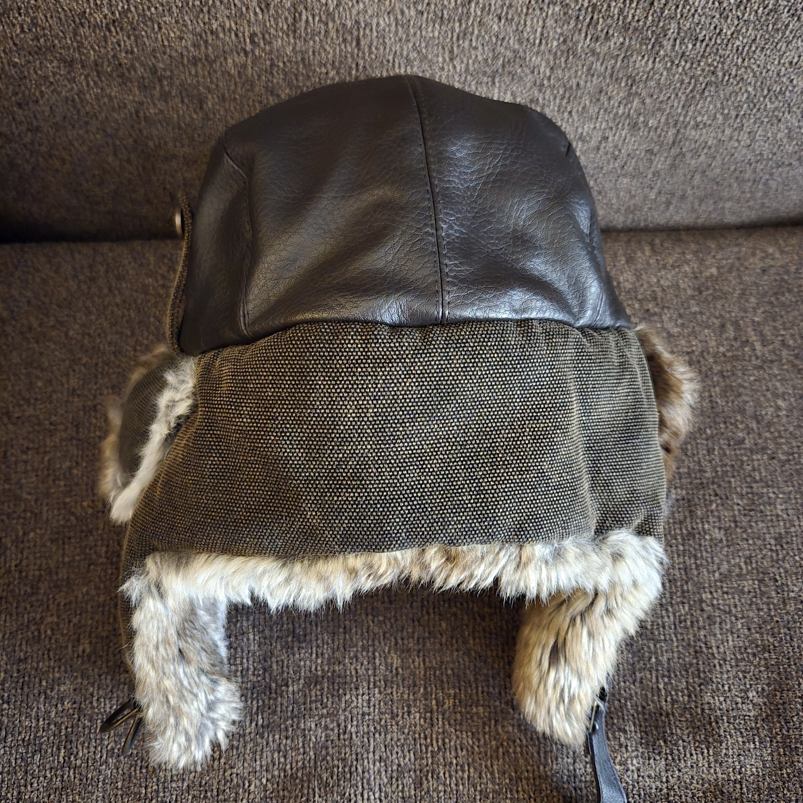 EUC Size L Red Head Leather Canvas Brown Trapper Hat Faux Fur Trim Quilted Lined