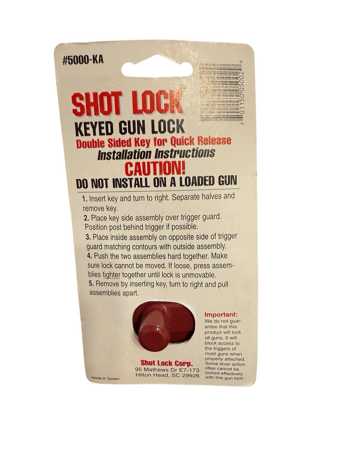 New Gun Lock Shot Lock Keyed #5000-KA With DBL Sided Keys For Fast Release
