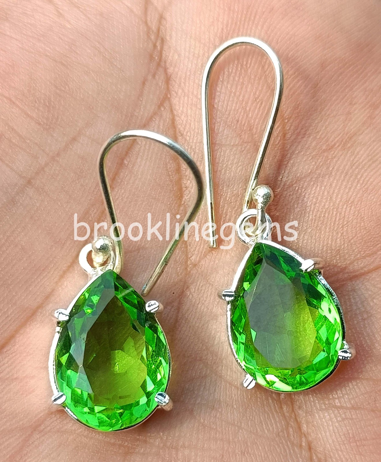 Lab Created 38 CT Green Peridot Pear Cut EGL 925 Silver Earring Gemstone 6FGM