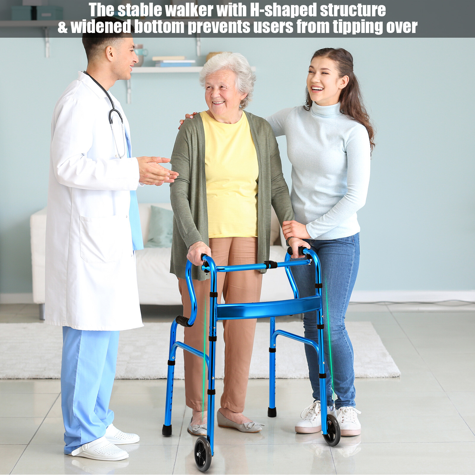 Goplus Heavy-Duty Folding 3 in 1 Stand-Assist Walker Aluminum Alloy W/Wheel Blue