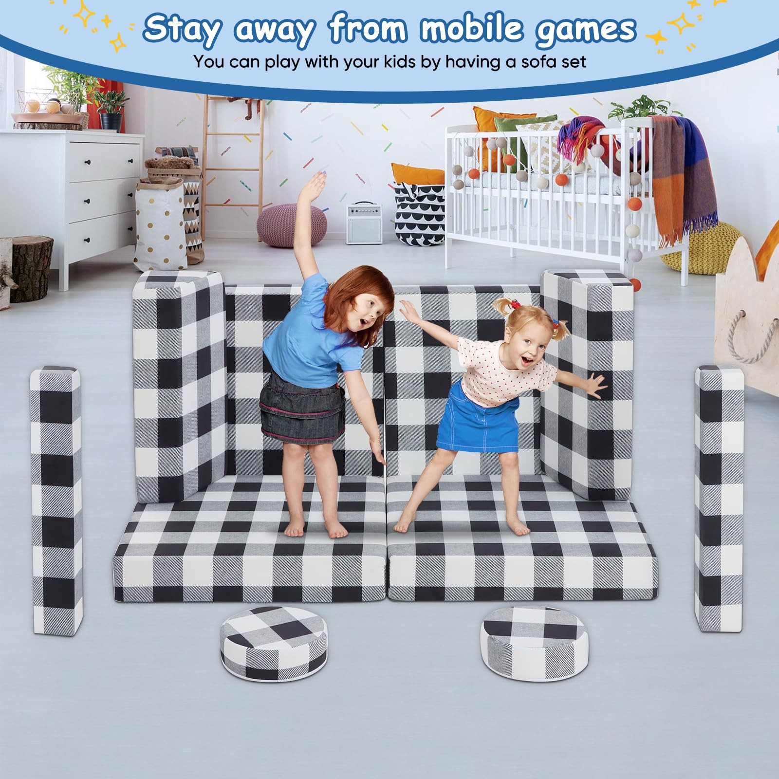 10 Pcs Black and White Kids Couch,Buffalo Check Toddler Sofa,Foam Modular Kid...