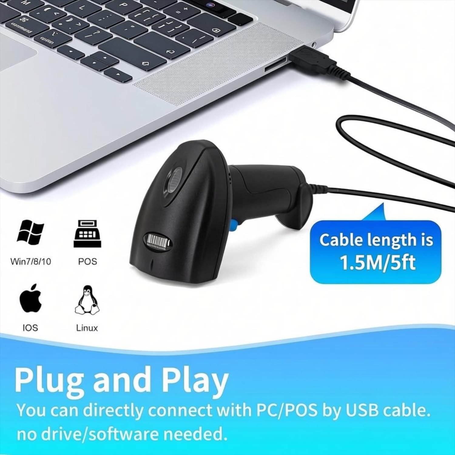 JIAN BOLAND Barcode Scanner USB 1D Wired CCD Reader Black-U1C
