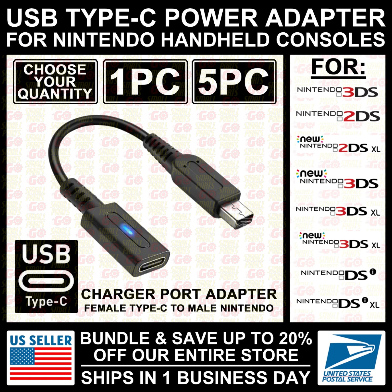 USB Type-C Adapter Converter Charger Cable for Nintendo New/3DS/2DS/DSi/XL/LL
