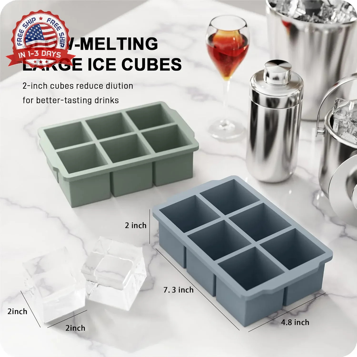 Large Square Ice Cube Molds Silicone Stackable Lid 6 Cavities 3 Packs for Drinks