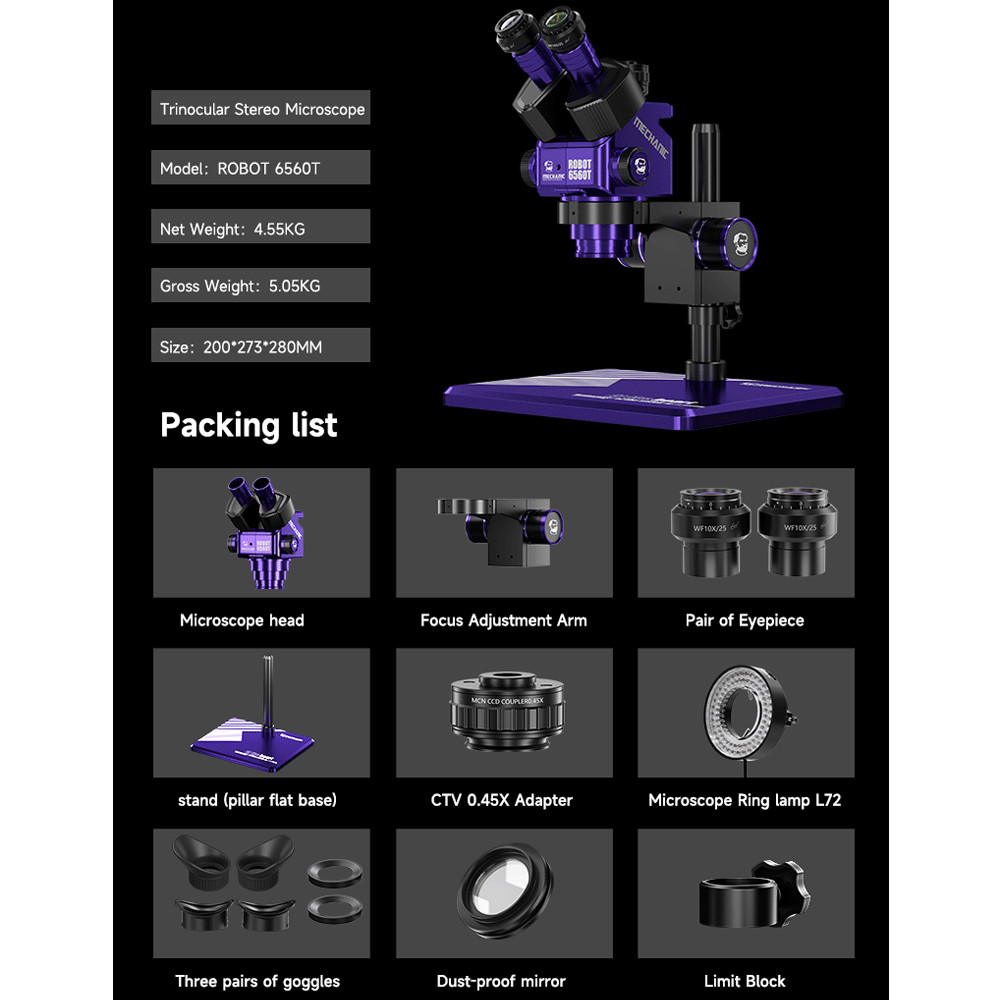 Mechanic Robot 6560T (3D Continuous Zoom) Trinocular Stereo Microscope