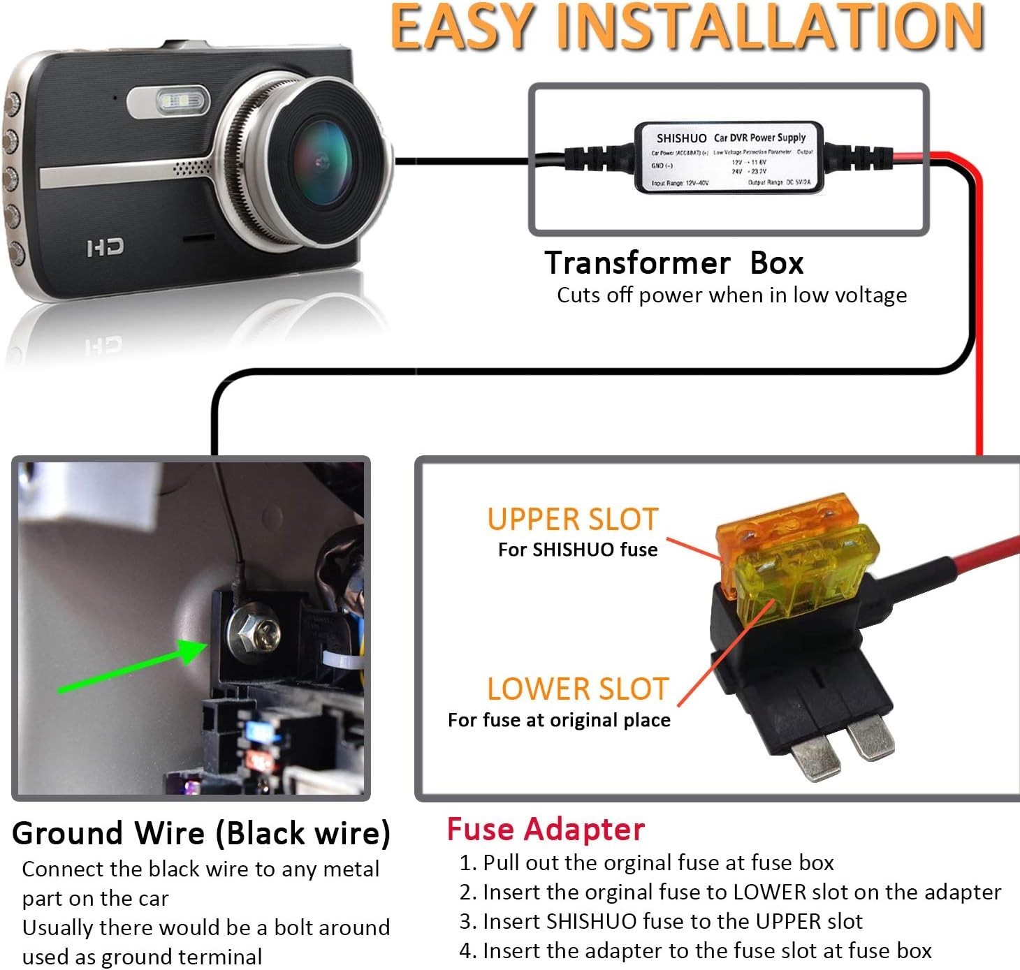 Dash Cam Hardwire Kit - 4m Mini & Micro USB Cable with Battery Drain Protection