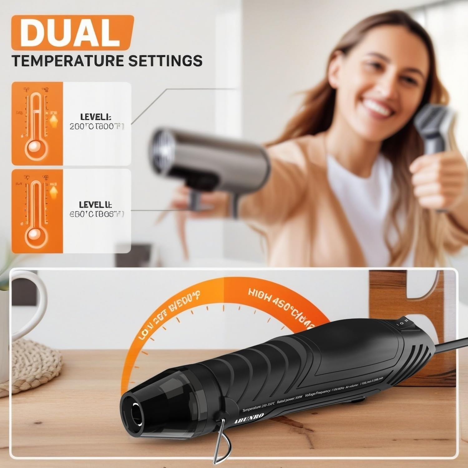 300W Mini Heat Gun with 6.6FT Cable & Reflector Nozzle - Precision Crafting Tool