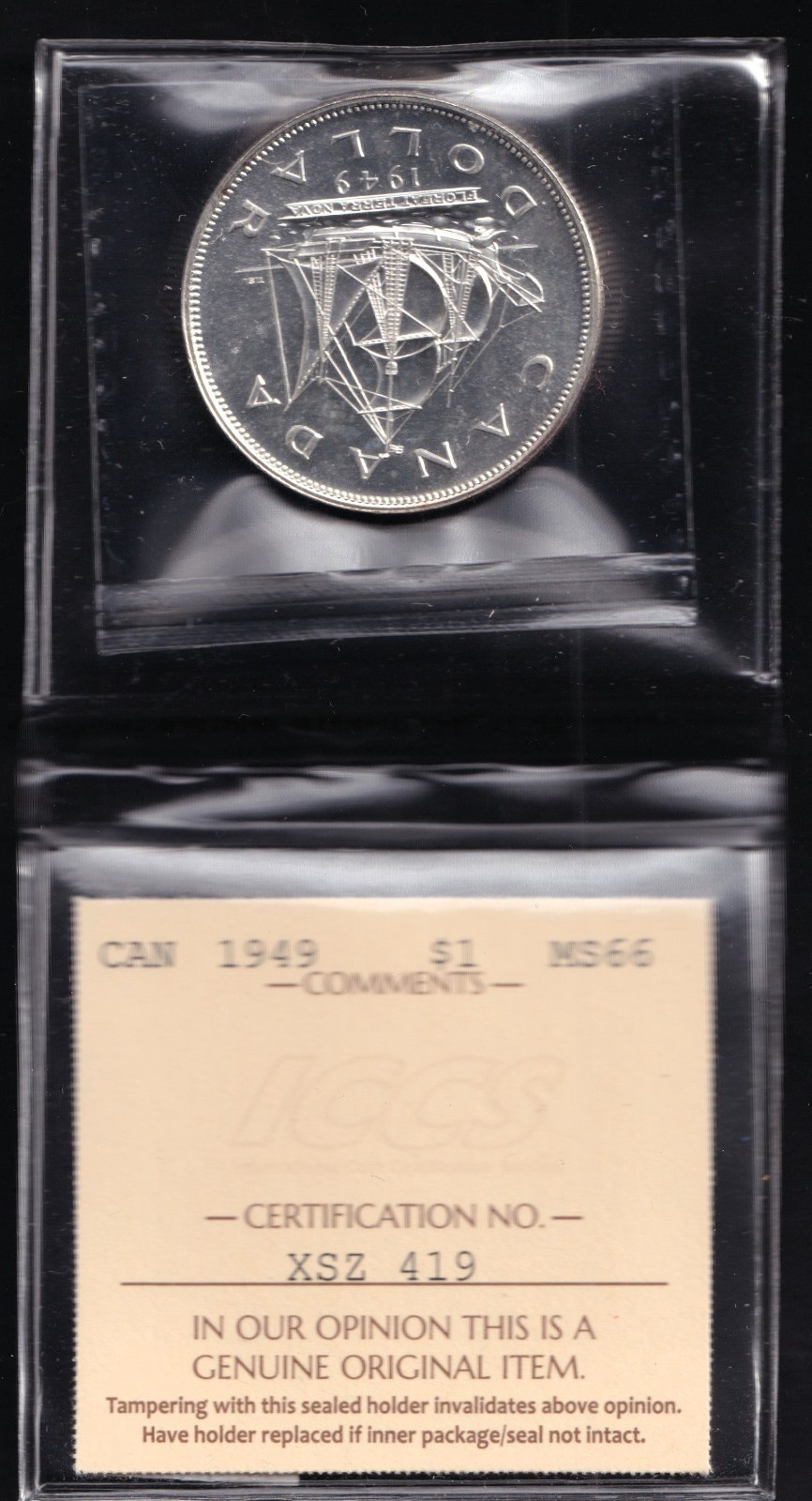 Canada 1949 $1 One Silver Dollar ICCS Certified MS-66 Terra Nova NFLD Ship