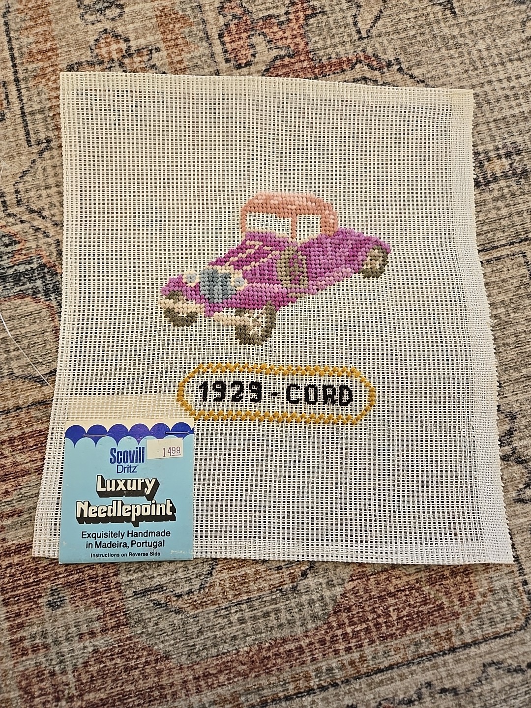 Vintage Needlepoint Canvas Preworked Wall Hanging 1929 Cord Automobile Car L-29