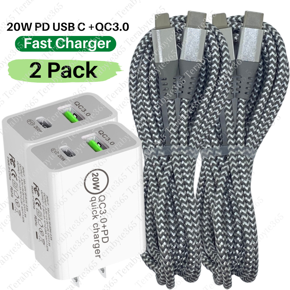 2 Pack 20W PD Fast Charger Dual Port Adapter Type C Cable For iPhone 14 13 12 11