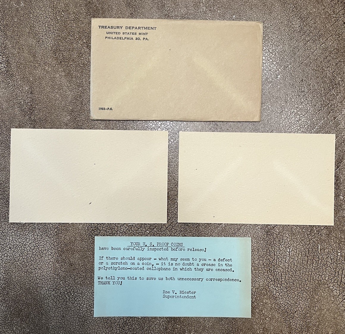 1958 Proof Set Envelope  with cardboards. Issued by US Mint.  (NO COINS)
