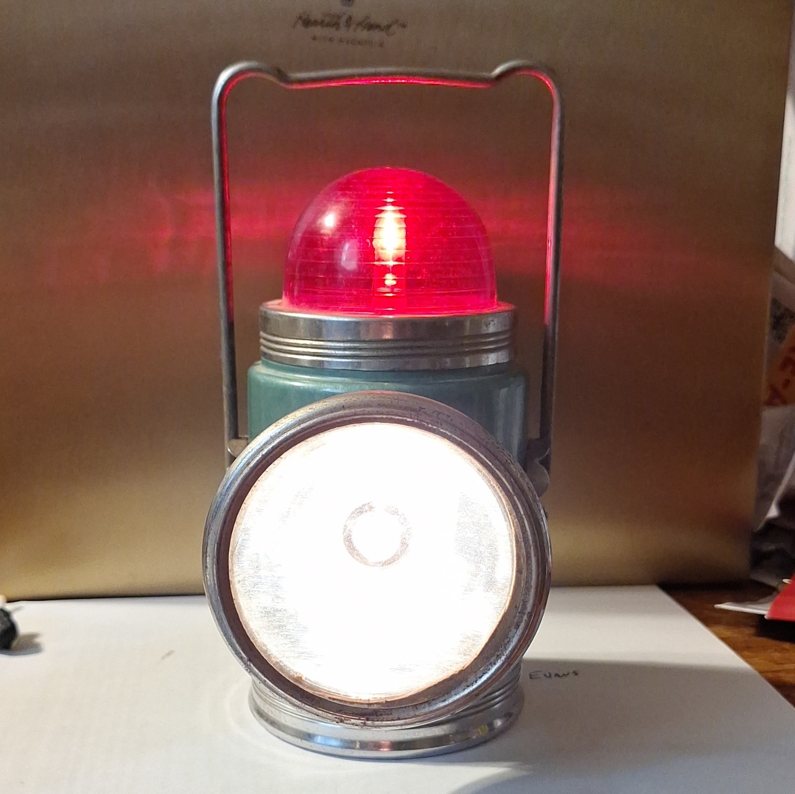 Green Metal Battery Lantern w/ Red Globe and Side Spotlight, Handheld