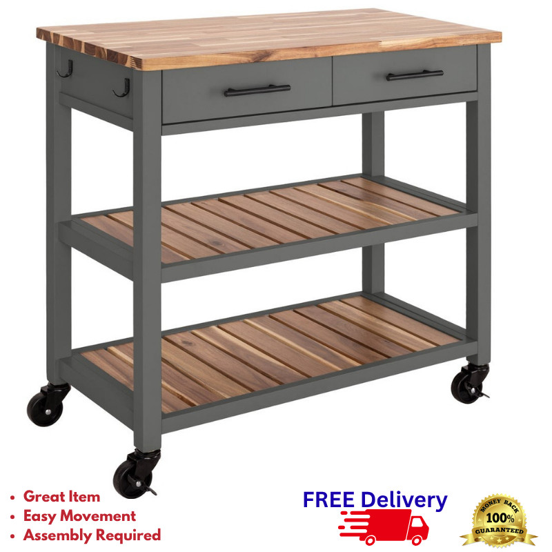 Kitchen Cart with Acacia Wood Shelves Rolling Storage Trolley Utility Island New