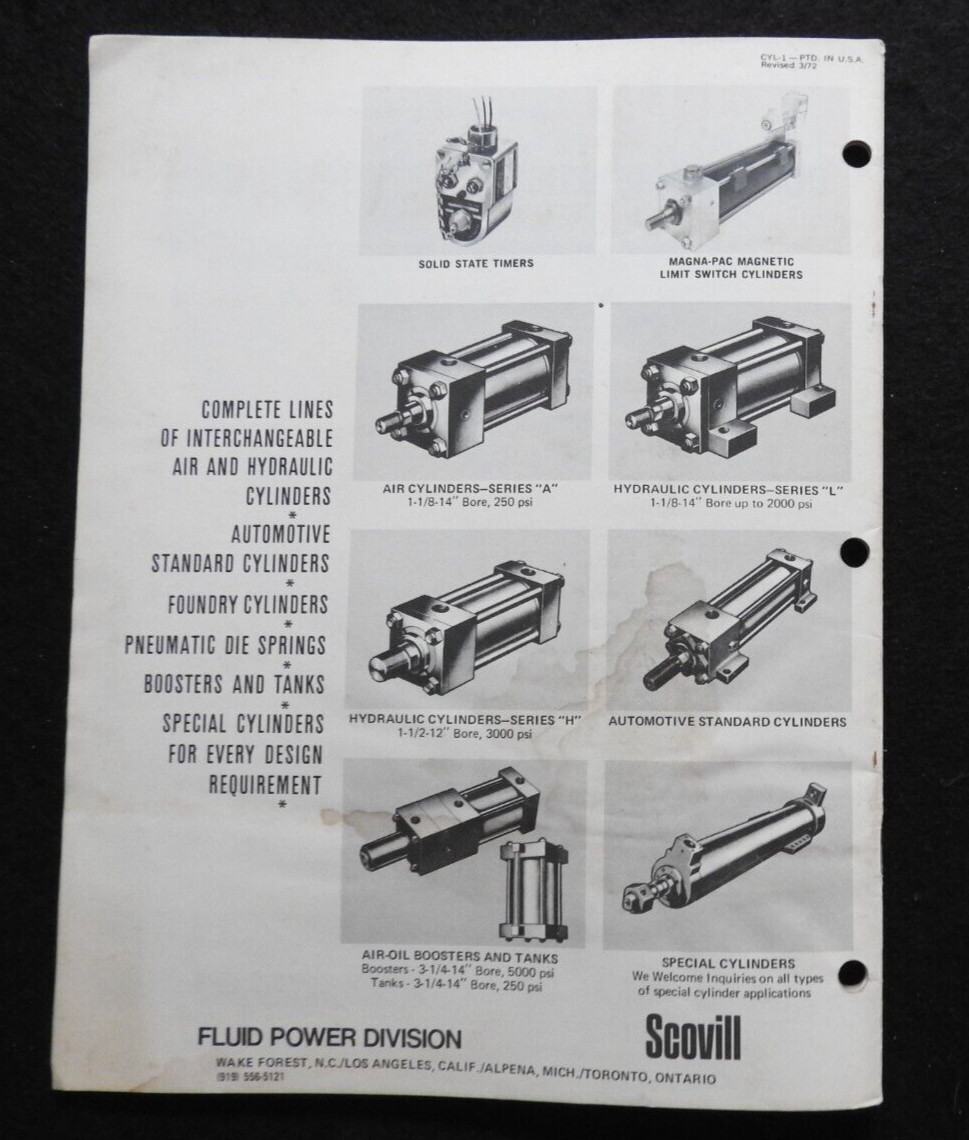 1972 Schrader Pneumatic & Hydraulic Cylinders Wake Forest NC Engineering Catalog