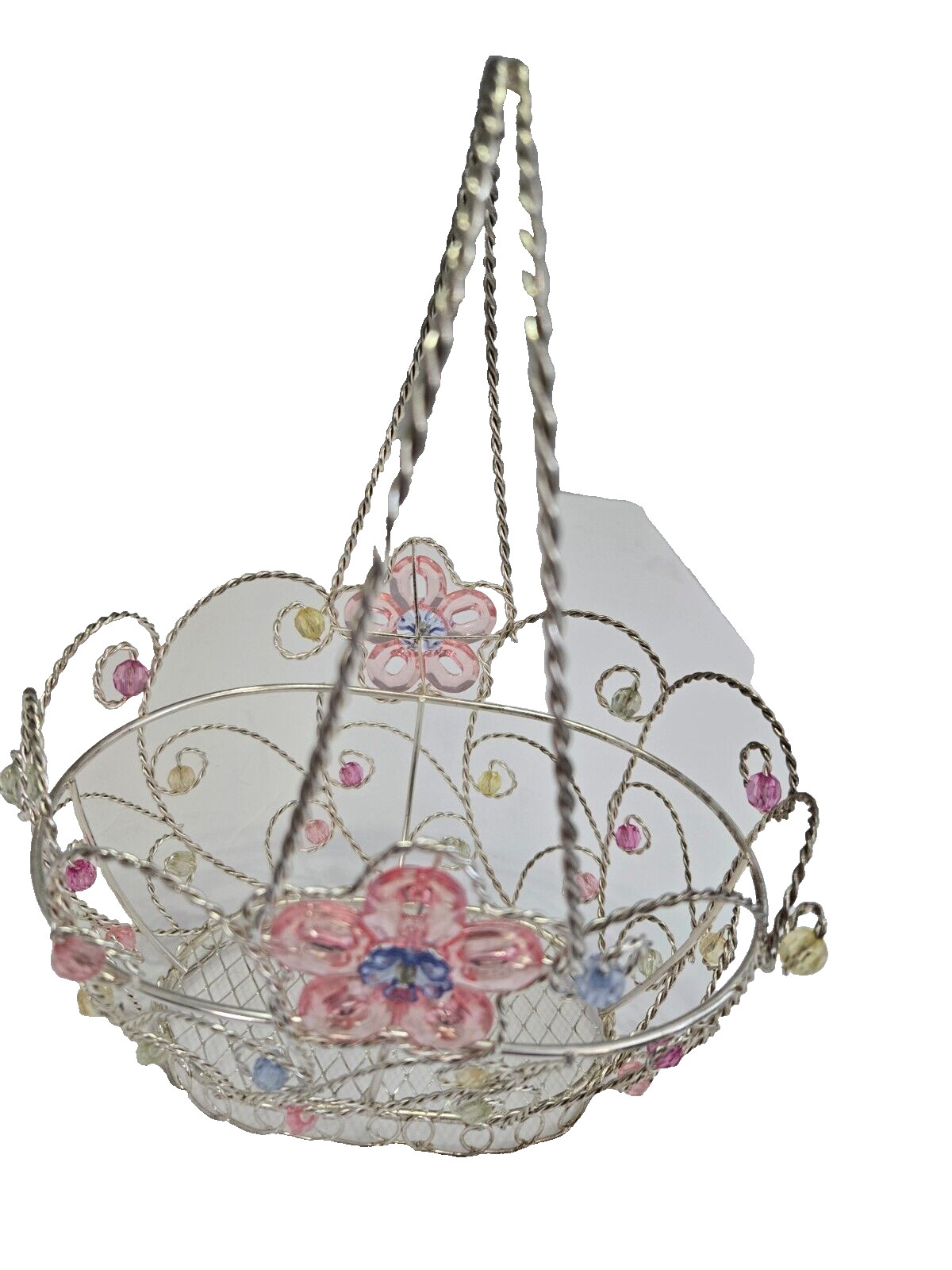 Silver Metal Basket Pastel Plastic Flowers 10”tall W/Handle Basket 4.25” Tall