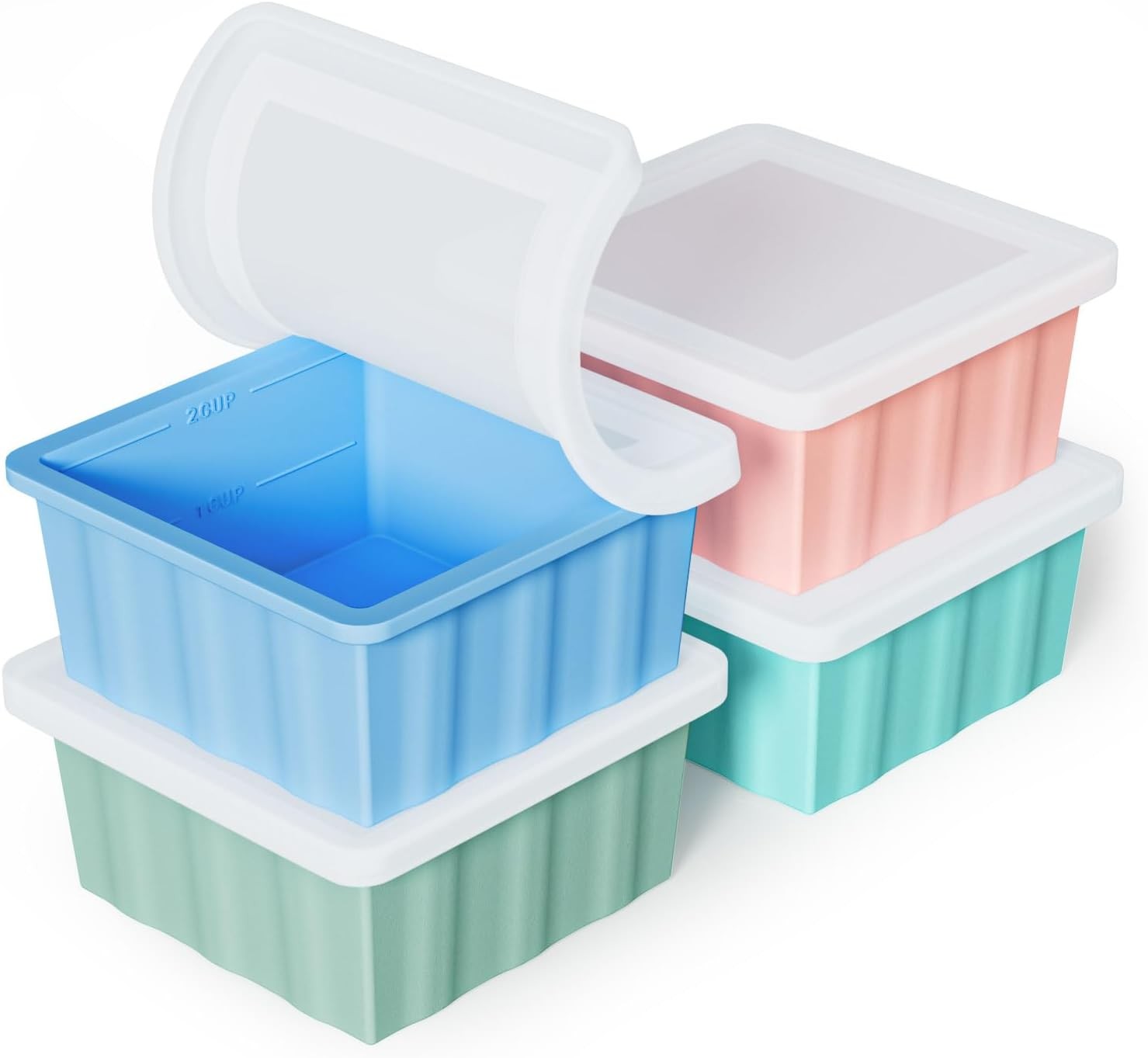 Silicone Freezer Tray Soup Ice Cubes 2-Cup Freezing Trays W/ Lid Meal Prep 4Pack