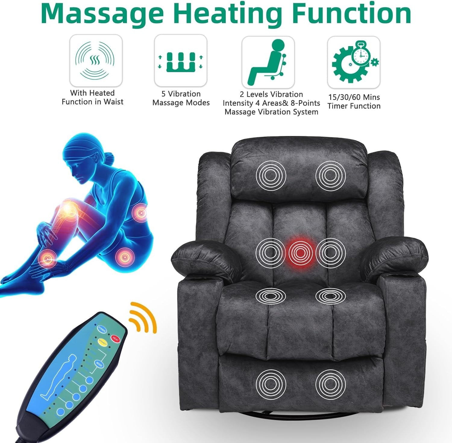 Manual Swivel Rocker Recliner Glider Chair Lounge Sofa w/ Massage Heat USB Ports