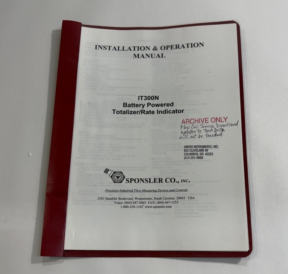 Sponsler IT300N Powered Totalizer Rate Indicator User Manual Guide Installation