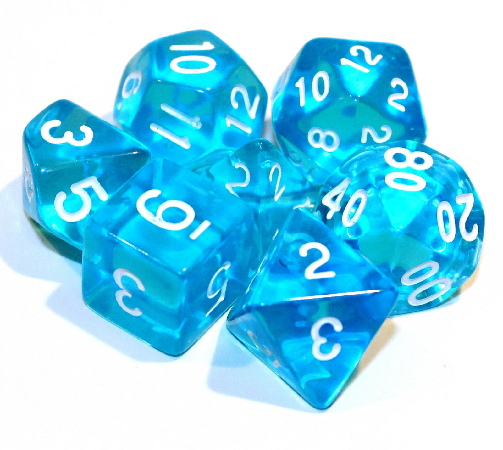 7 Piece Light Blue Translucent Polyhedral Dice Set with Blue Dice Bag