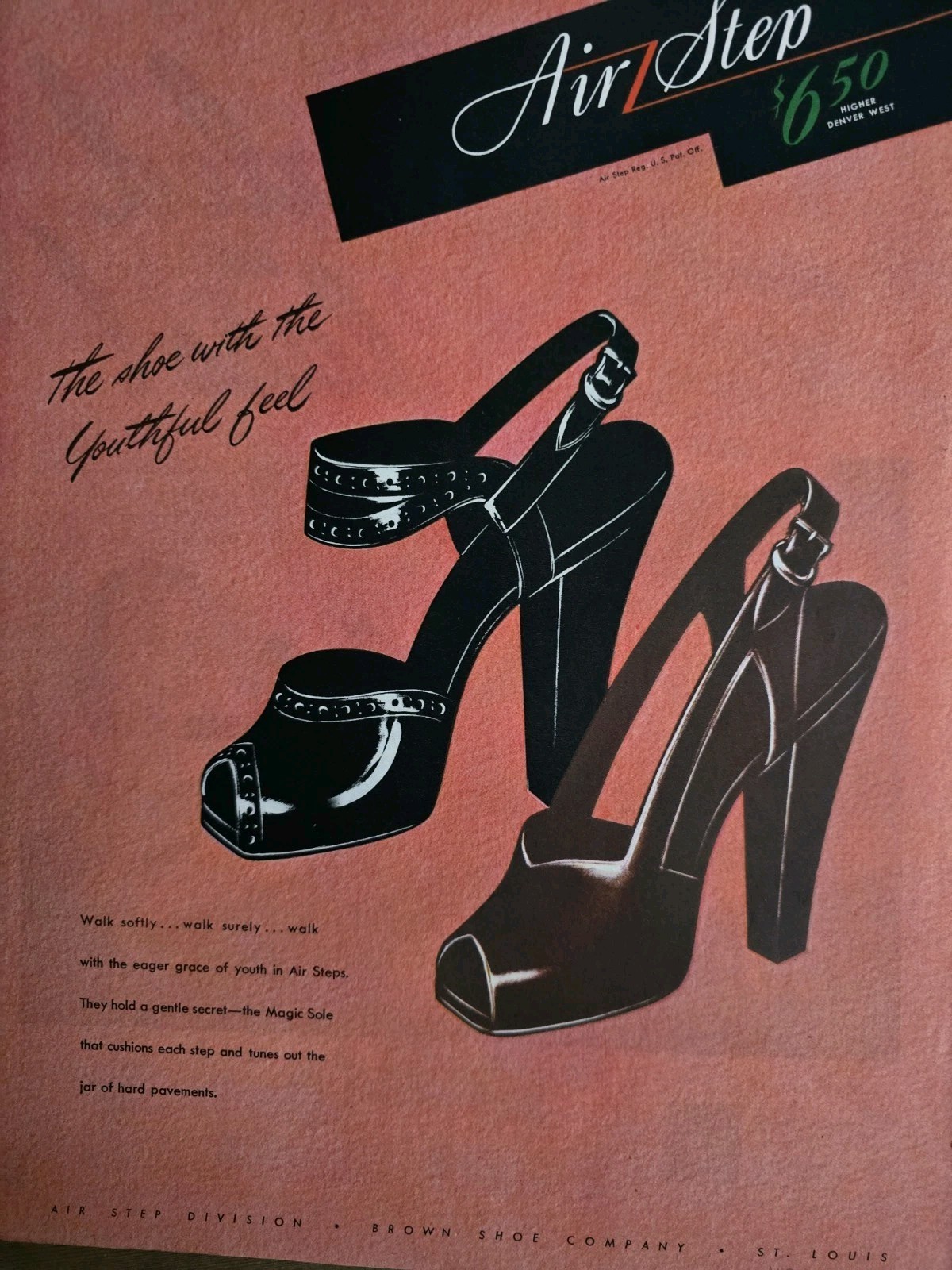 1945 Women's Air Step Black  High Heel Shoes Youthful Feel Vintage fashion Ad