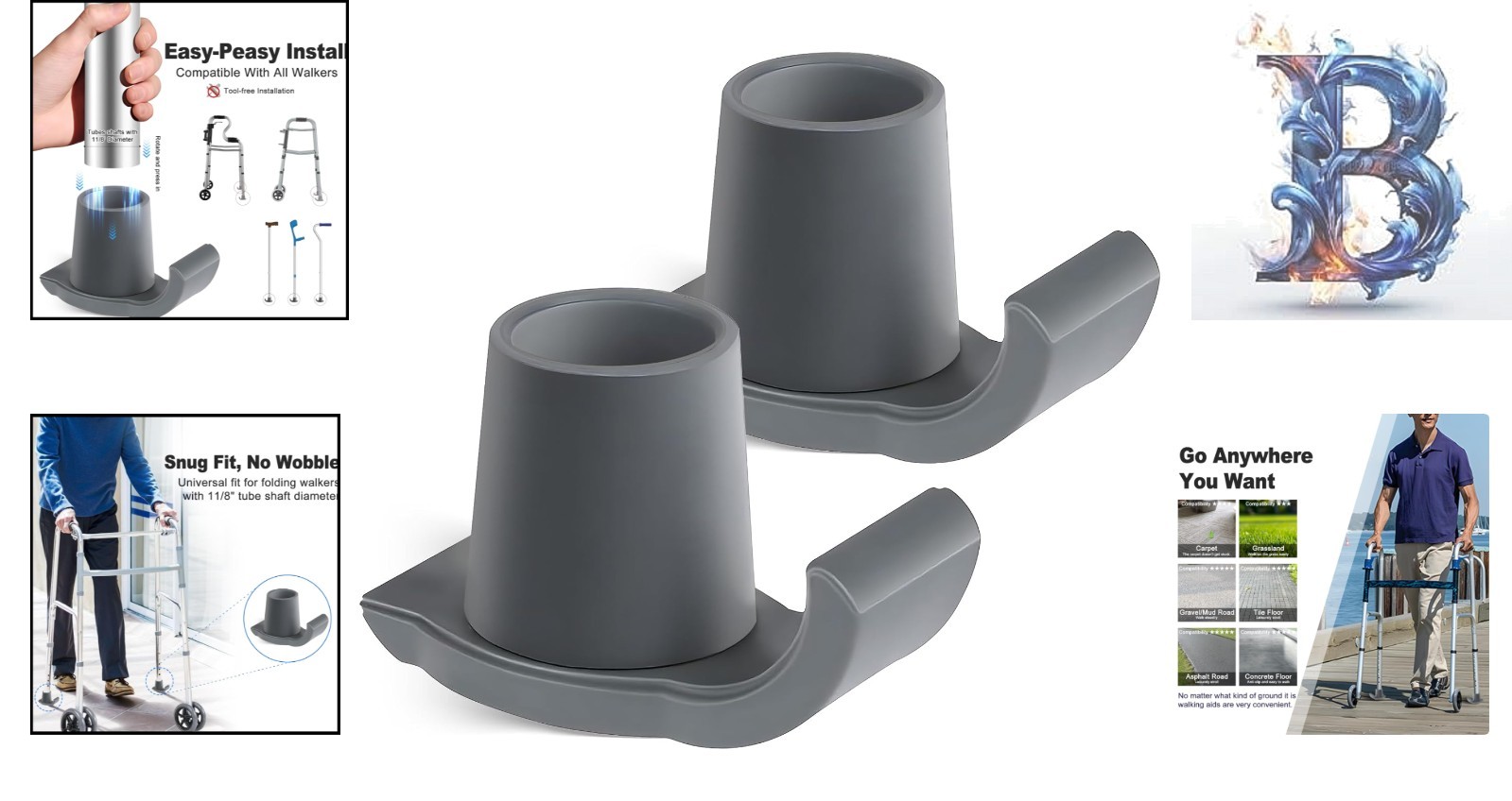 Replacement Glide Caps for Folding Walkers - Durable Rubber 2-Pack for Seniors