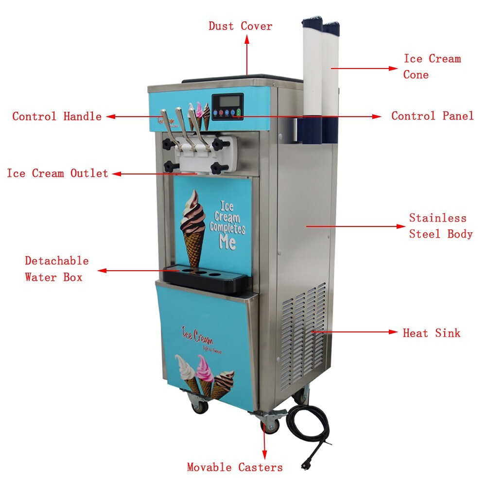 3 Flavor Soft Ice Cream Maker 110V Movable Large Capacity Hardness Adjustable