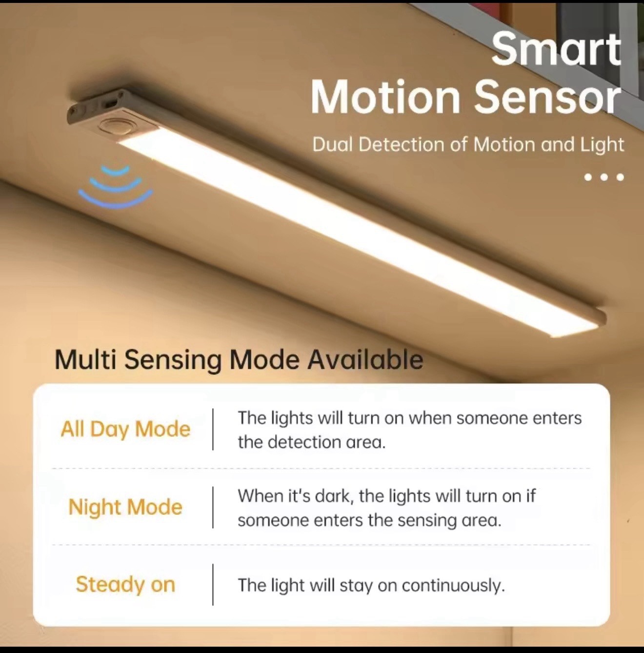 USB Motion Sensor LED Light Under Cabinet Closet Kitchen Magnetic Lamp