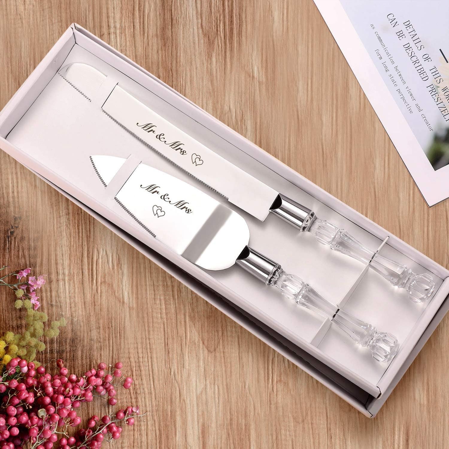 AW BRIDAL Mr Mrs Wedding Cake Knife and Server Set, Silver Cake Cutting Set for