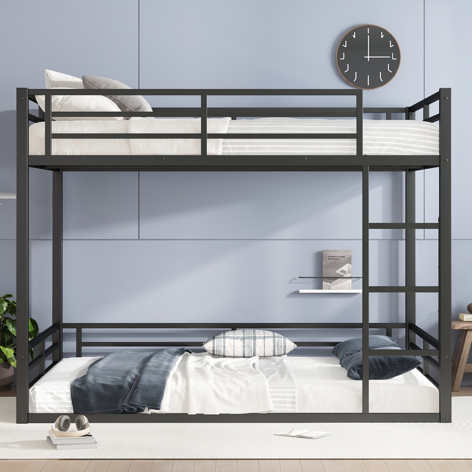 Metal Queen Over Queen Bunk Bed, Black, Space Saving, Noise Reduced
