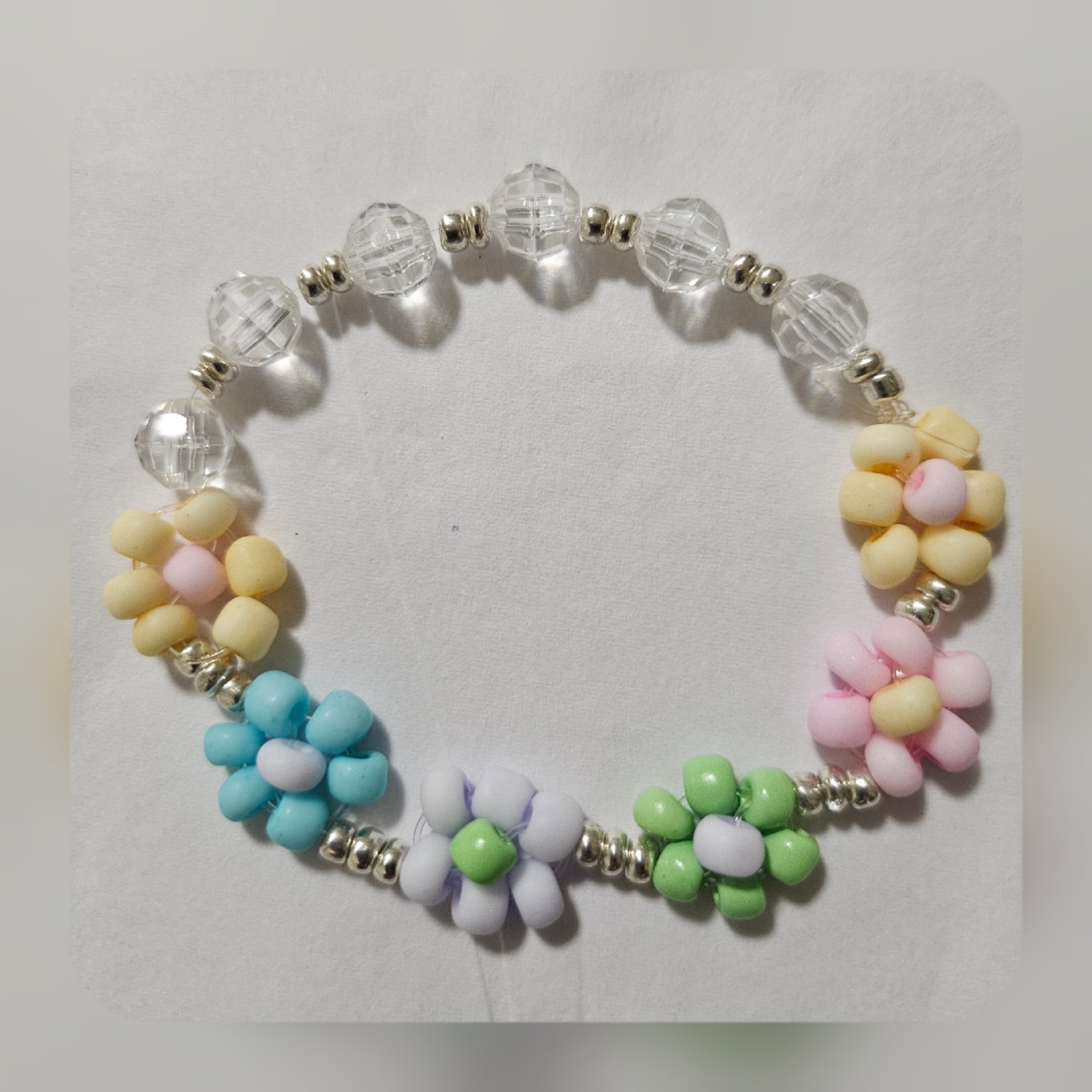 Glass Beads Flower Beaded Stretch Pastel Color Bracelet 17-19cm Hand Made