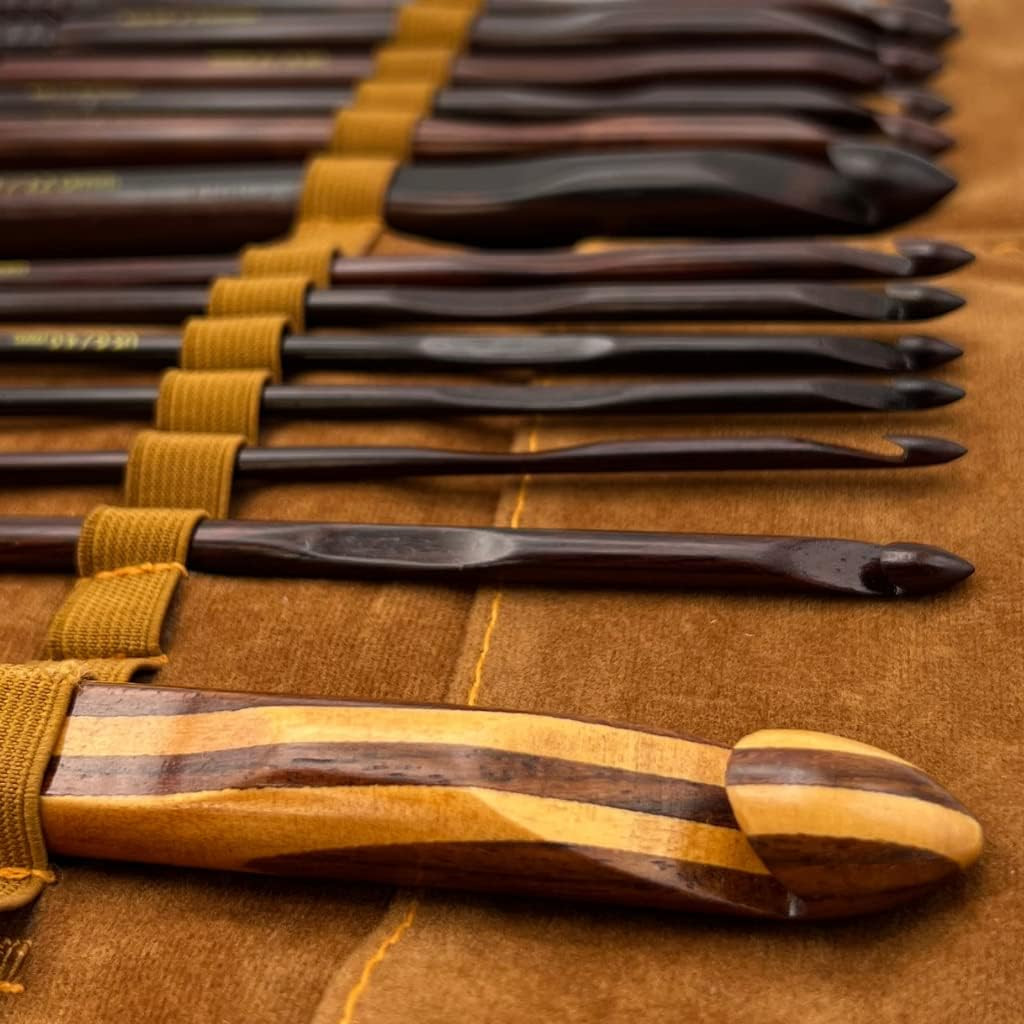 Artisan Rosewood Crochet Hooks Set with Leather Carrying Case - Incl. 13 Crochet