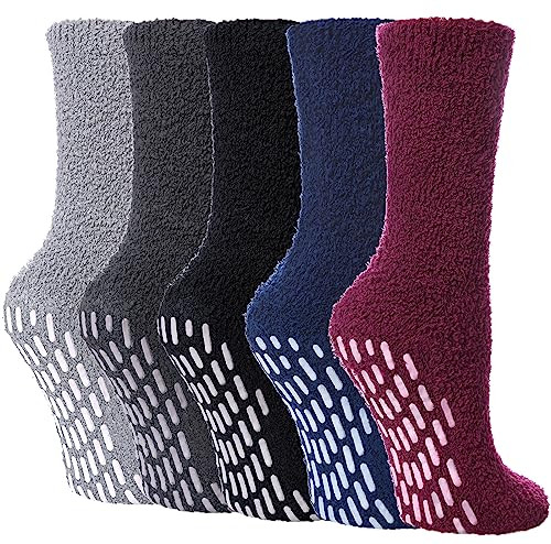 Non Slip Hospital Socks for Women with Grips 5 Pairs Non Slip Solid Color
