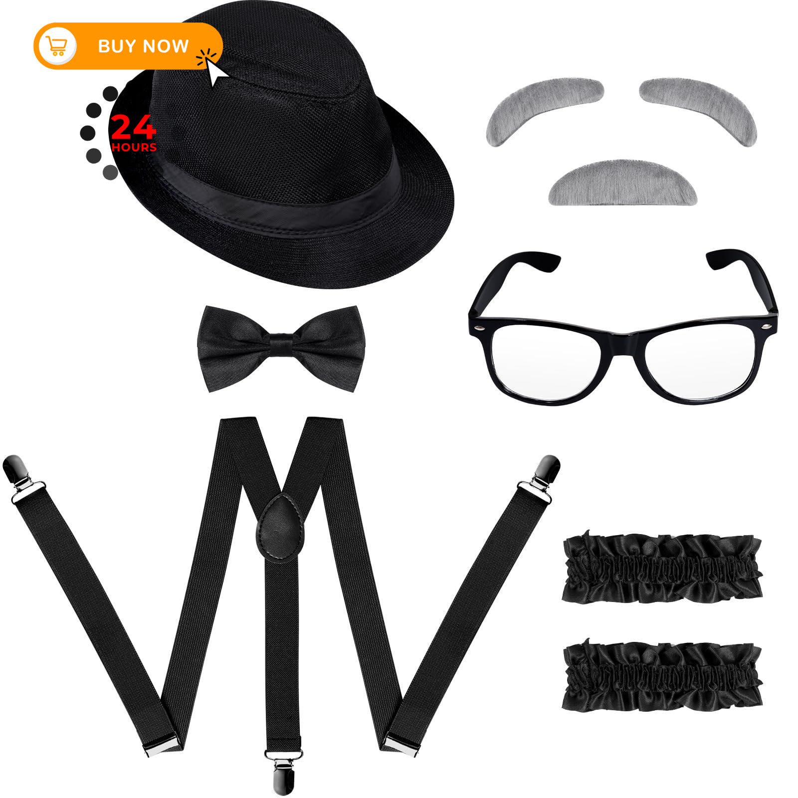 Ishua 1920s Men Costume Accessories, 9 pcs Old Gangster One Size, Black