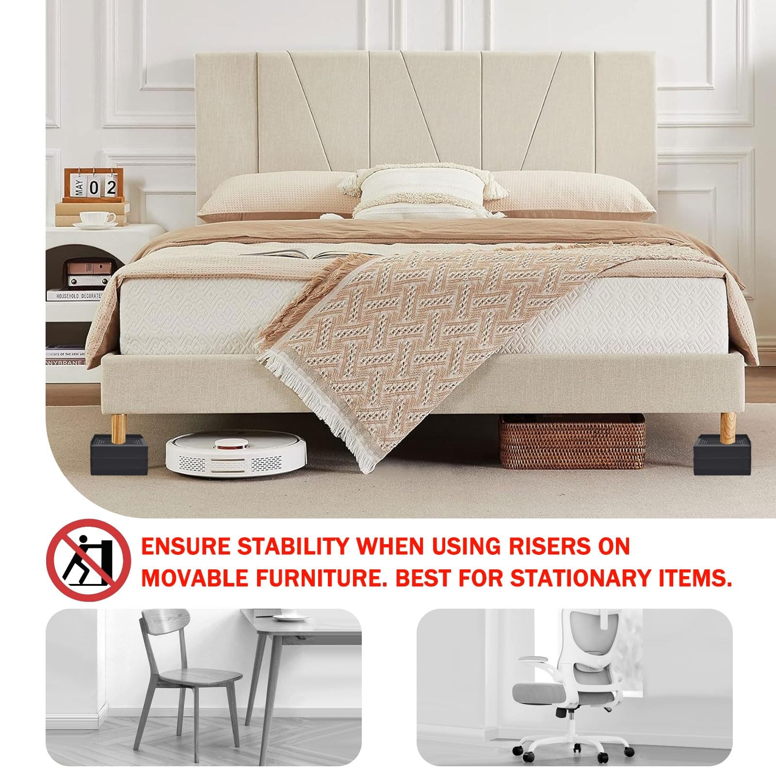 Rectangle Bed Risers, 3 Inch Heavy Duty Adjustable Furniture Risers for Bed S...
