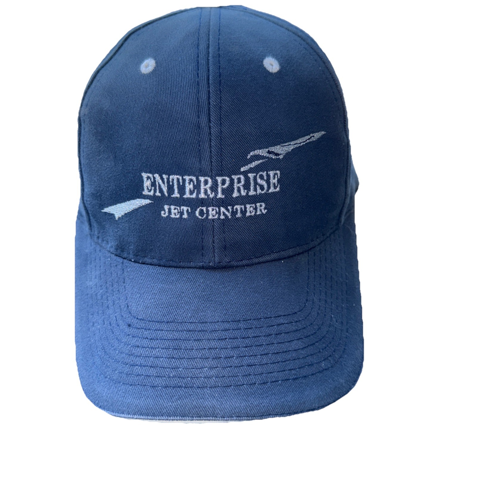 Enterprise Jet Center w Jet in Silver on Blue Hat Cap KHOU on Back Hook Loop