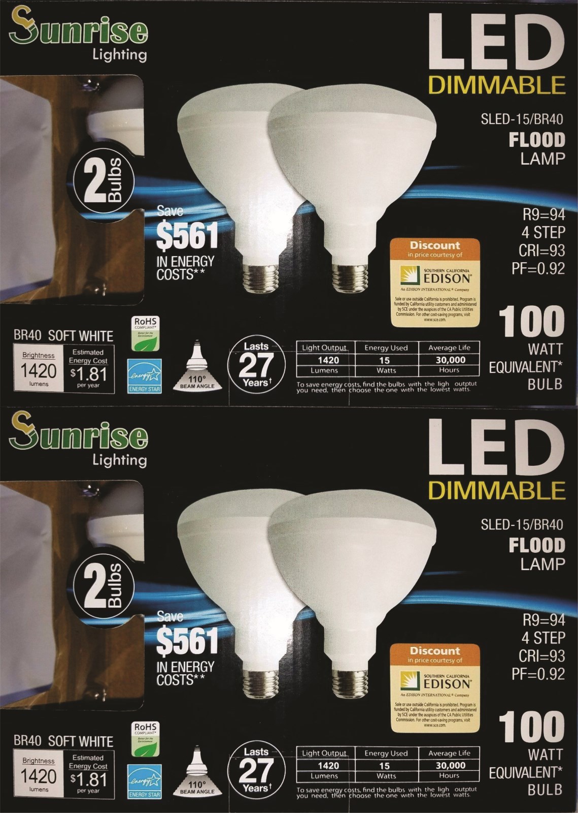 BR40 LED Bulb 4 Pack 2700K Warm White Indoor/Outdoor Flood Light Bulb 100 Watt