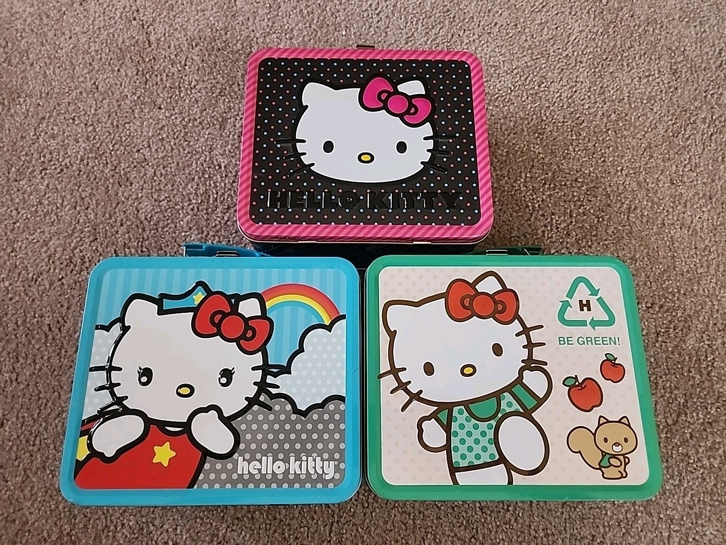 2010 Sanrio Hello Kitty Loungefly Tin Case Lot Of 3 Rainbow Recycle Polka Dots