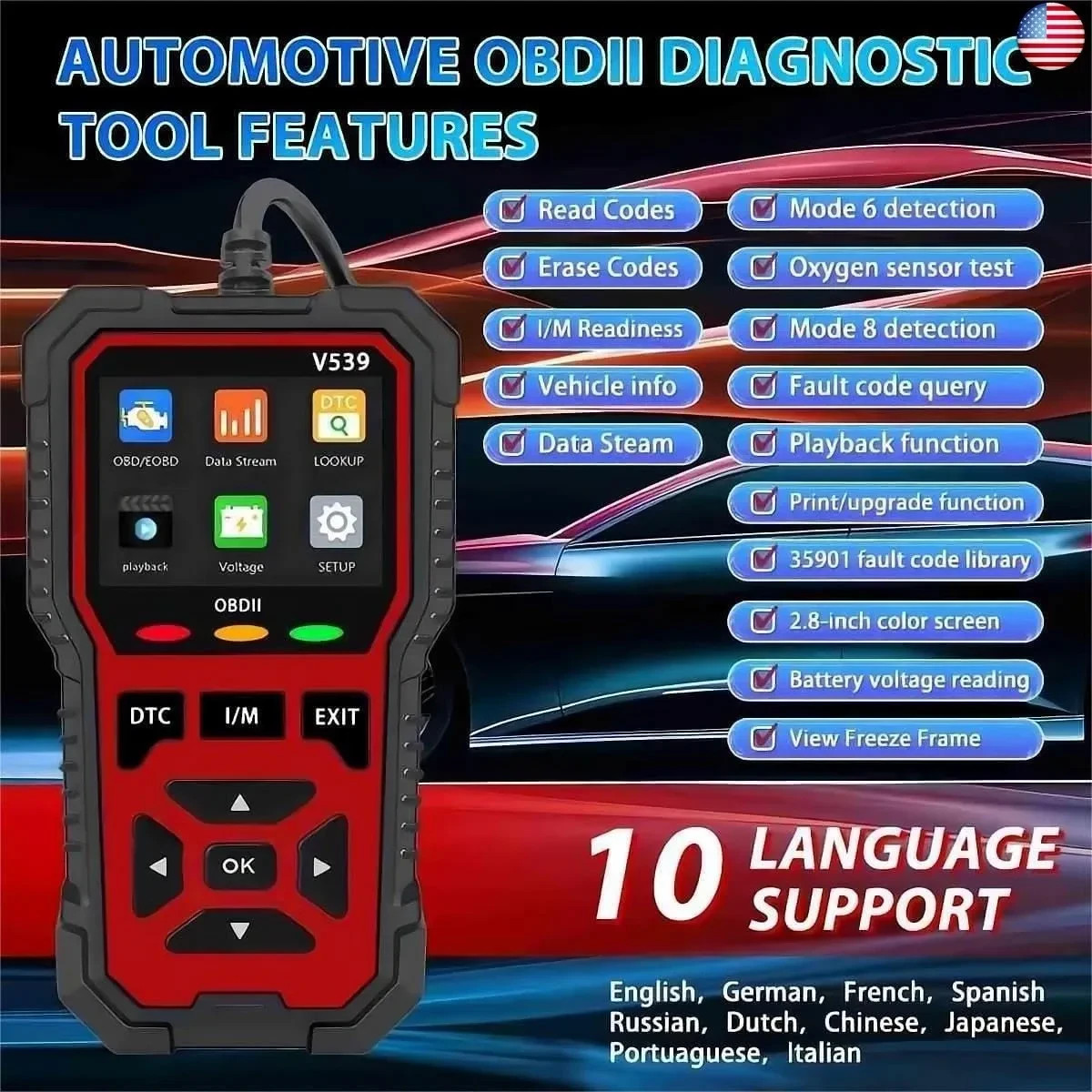 OBD2 Scanner Professional V539 - 2026 Upgraded OBDII + CAN Fault Code Reader US