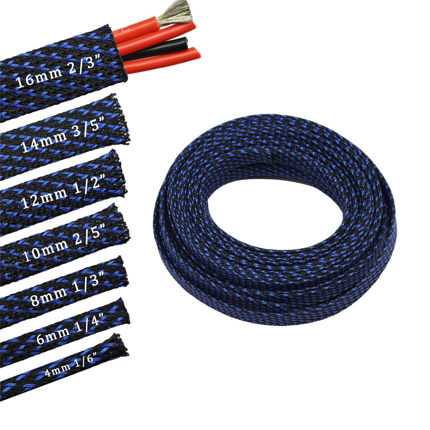 30ft PET Expandable Sleeving Wire Cable Sleeve 1/4, BlueBlack